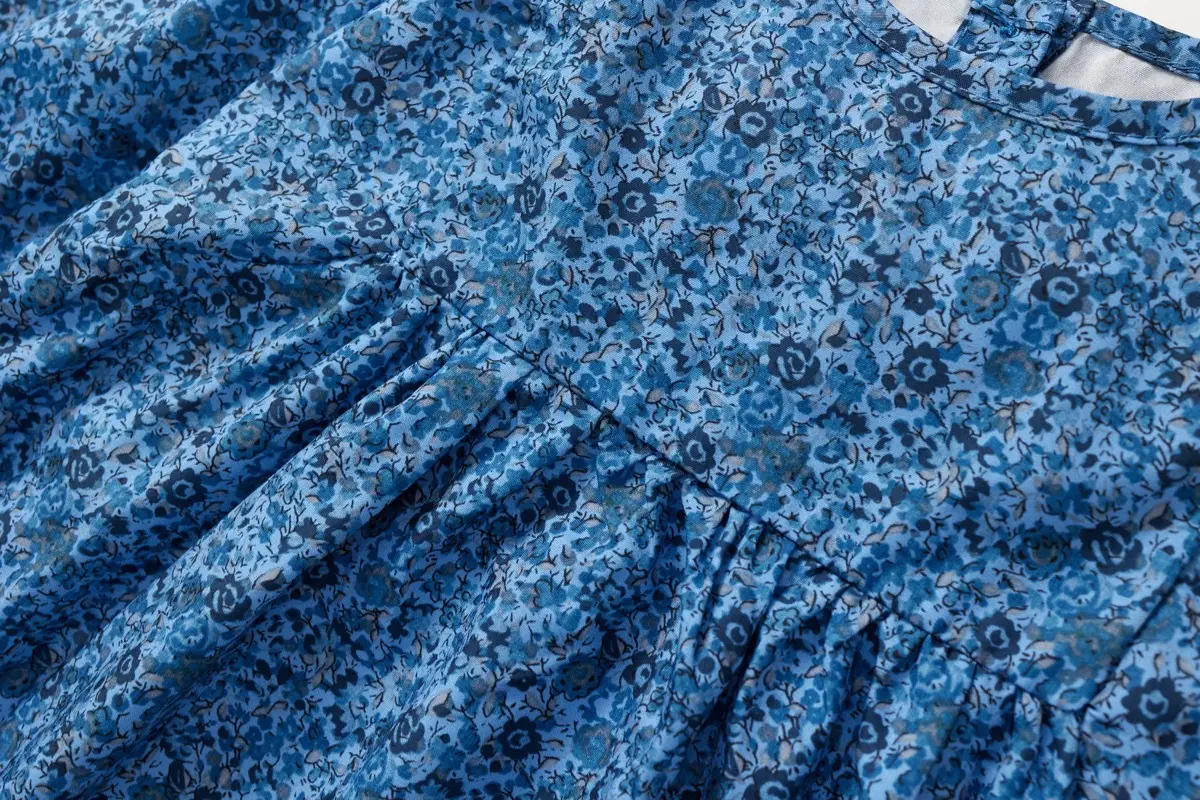 Girls Blue Floral Puff Sleeve Dress 2025 Autumn — feature 18