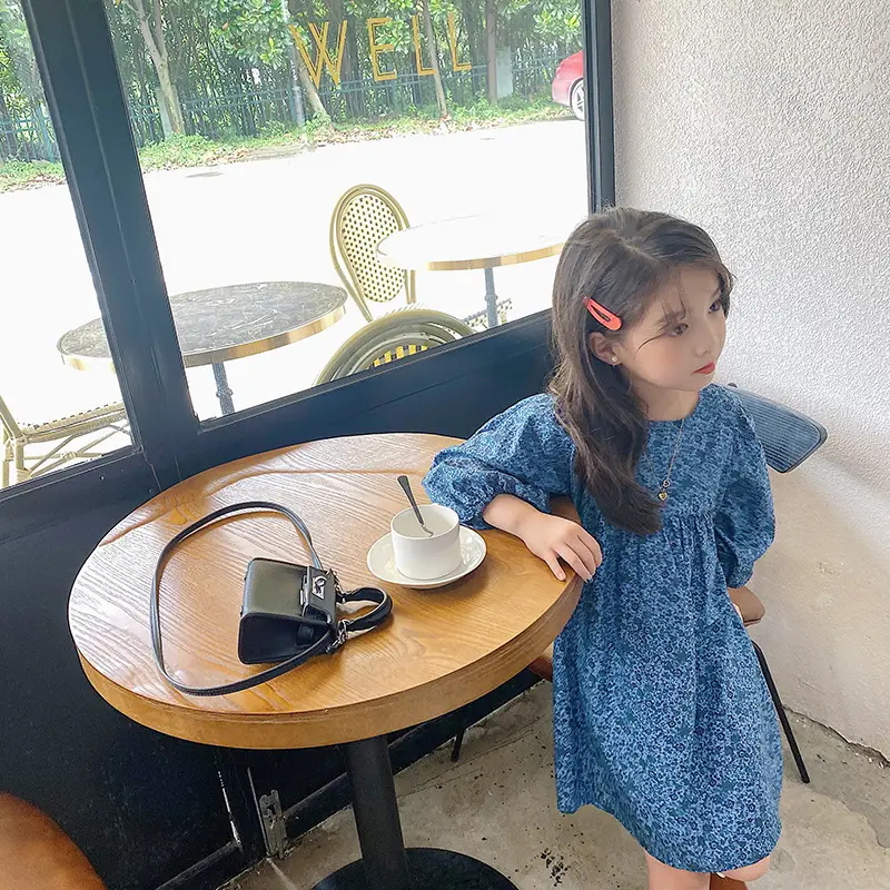 Girls Blue Floral Puff Sleeve Dress 2025 Autumn — feature 6