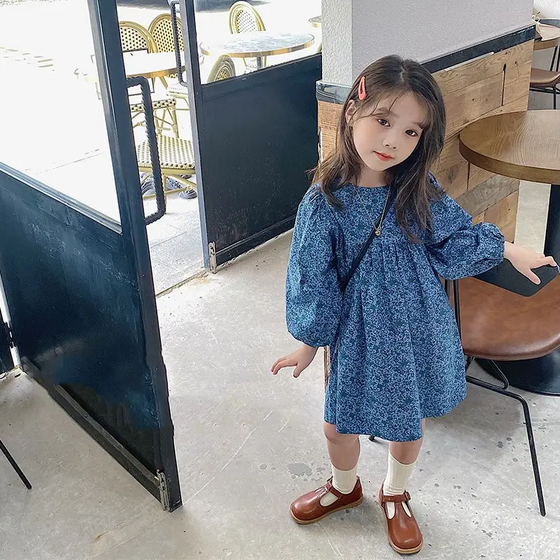 Girls Blue Floral Puff Sleeve Dress 2025 Autumn — feature 7