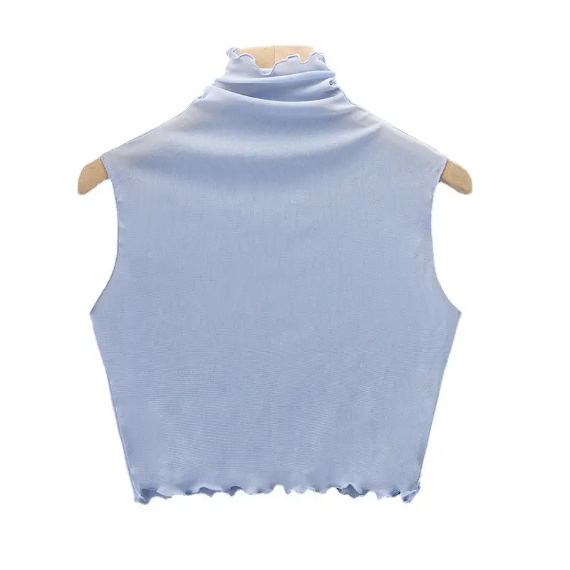 Women's 2024 Fake Collar Sweater Top Mesh Sleeve White Blue Beige