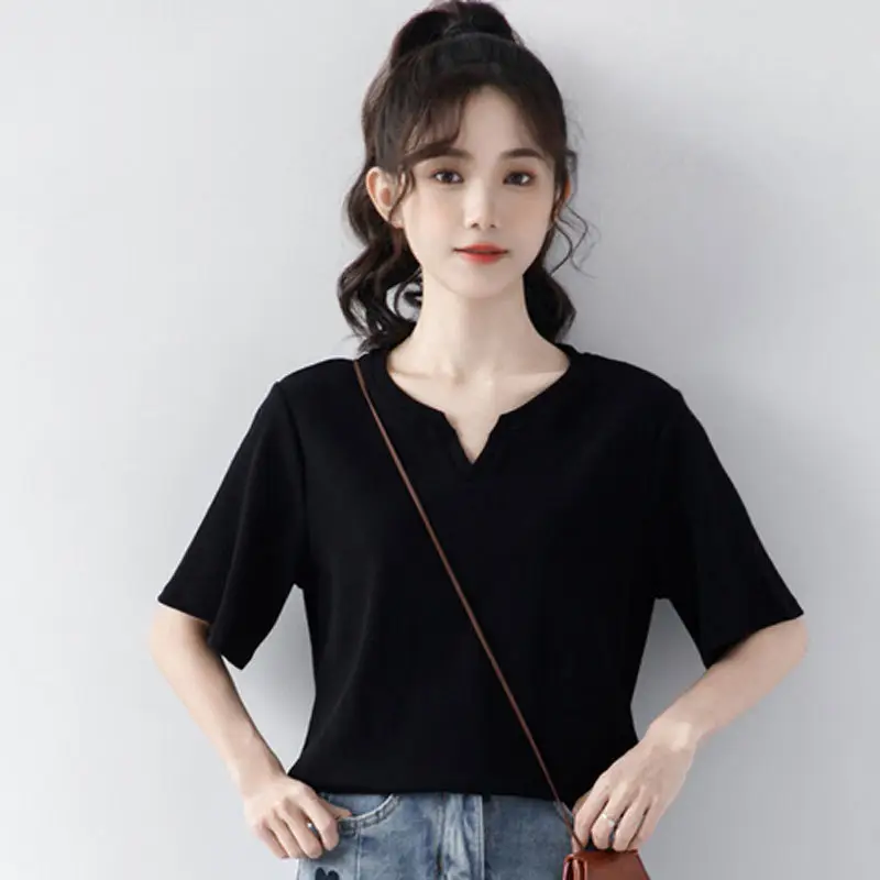 Women Cotton V Neck T-Shirt White 2022 Summer - Image 3