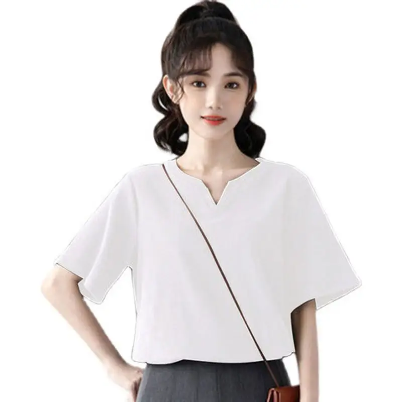 Women Cotton V Neck T-Shirt White 2022 Summer - Image 5