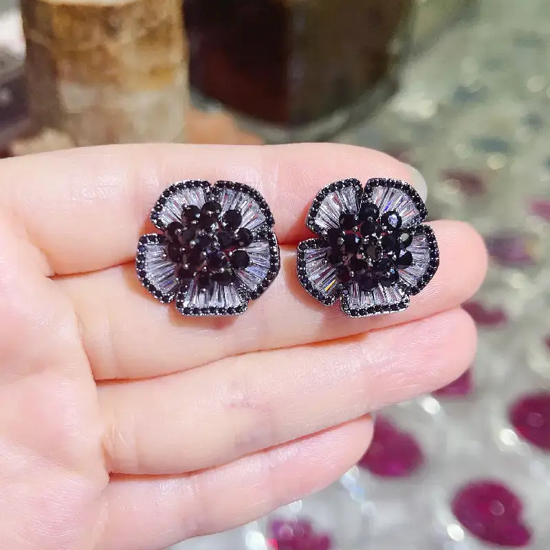 Black Zircon Camellia Earrings for Women - Image 2