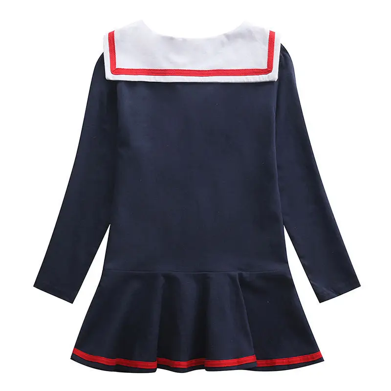 Girls Navy Blue Long Sleeve Skirt Dress with Red Trim - Image 6