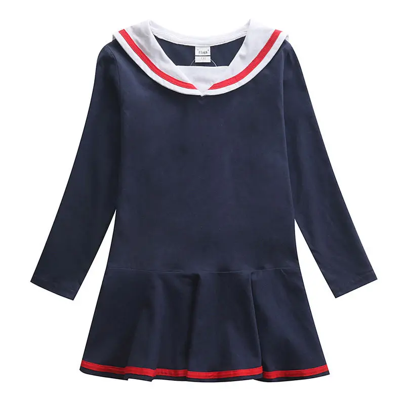Girls Navy Blue Long Sleeve Skirt Dress with Red Trim - Image 7
