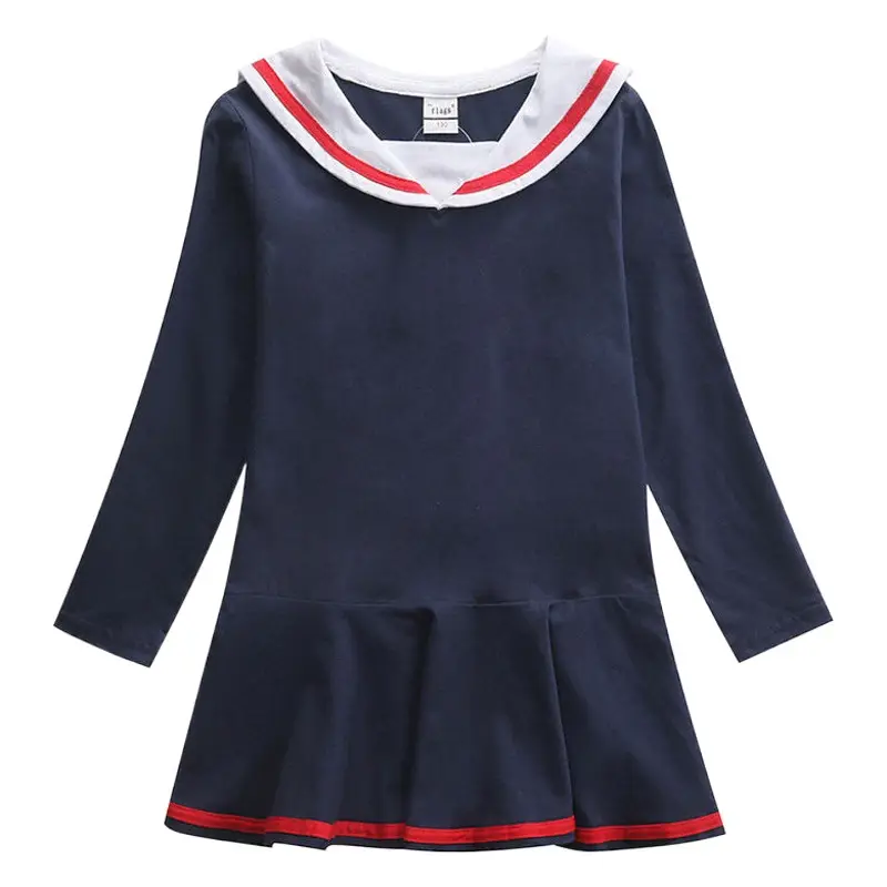 Girls Navy Blue Long Sleeve Skirt Dress with Red Trim