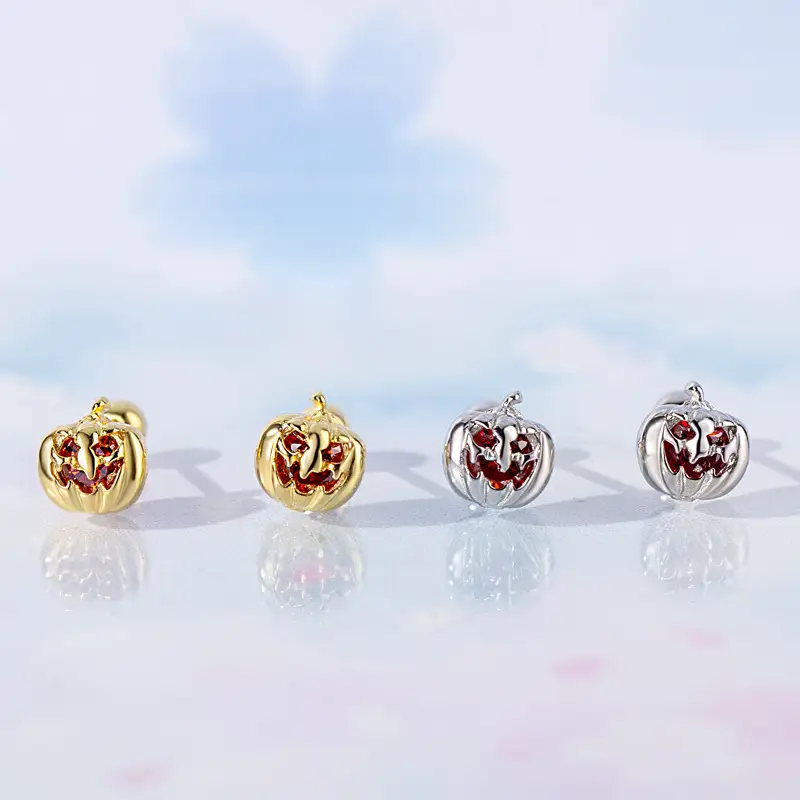 Korean Pumpkin Zircon Earrings Gold Red - Image 4