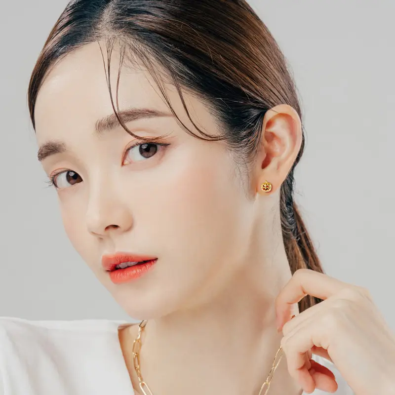 Korean Pumpkin Zircon Earrings Gold Red - Image 6