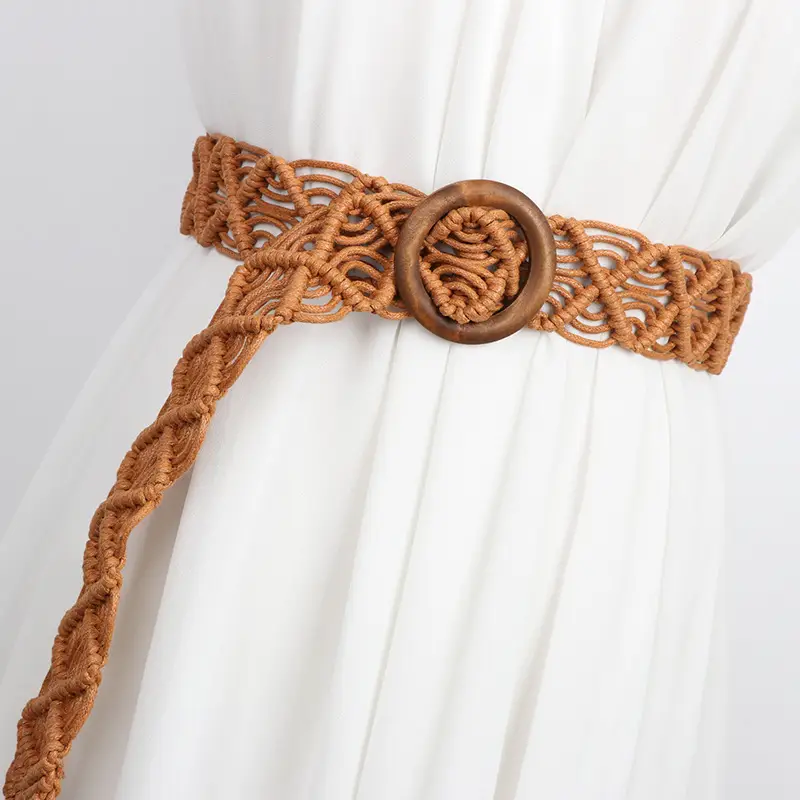 Vintage Woven Belt for Women's Dress with Wooden Ring