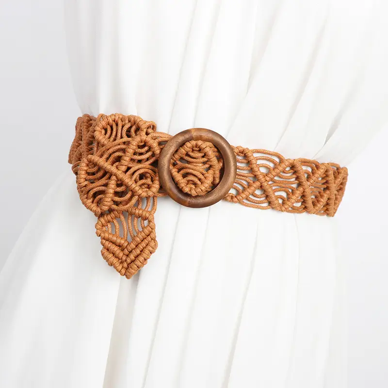 Vintage Woven Belt for Women's Dress with Wooden Ring