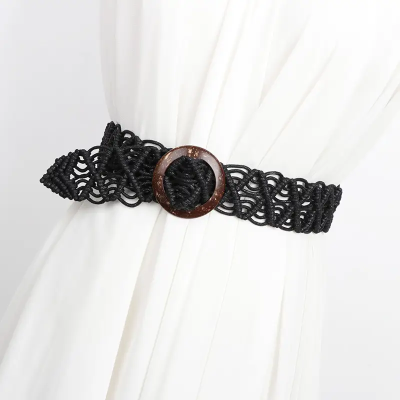 Vintage Woven Belt for Women's Dress with Wooden Ring