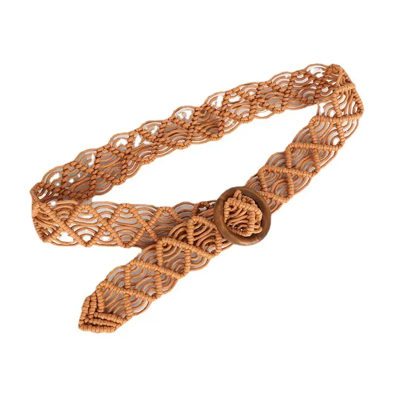 Vintage Woven Belt for Women's Dress with Wooden Ring