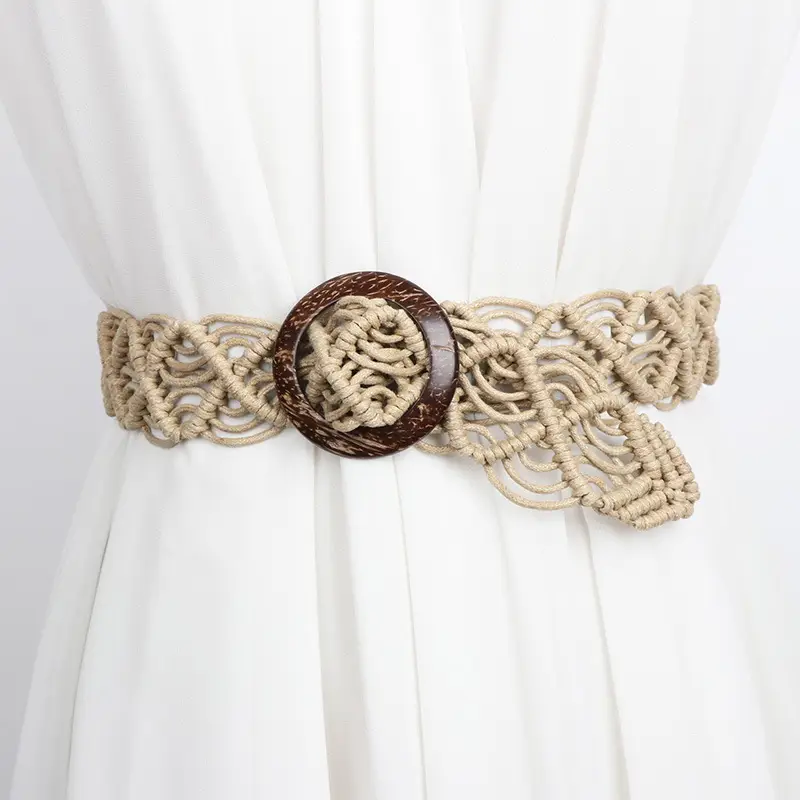 Vintage Woven Belt for Women's Dress with Wooden Ring