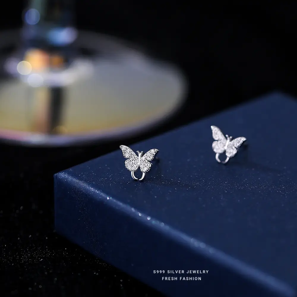 S999 Silver Diamond Butterfly Earrings Women