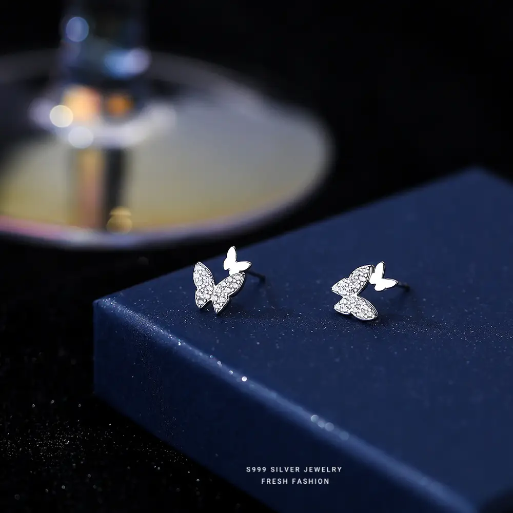S999 Silver Diamond Butterfly Earrings Women