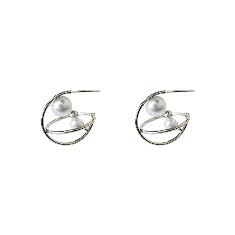 3D Geometric Pearl Earrings 925 Silver Needle Style