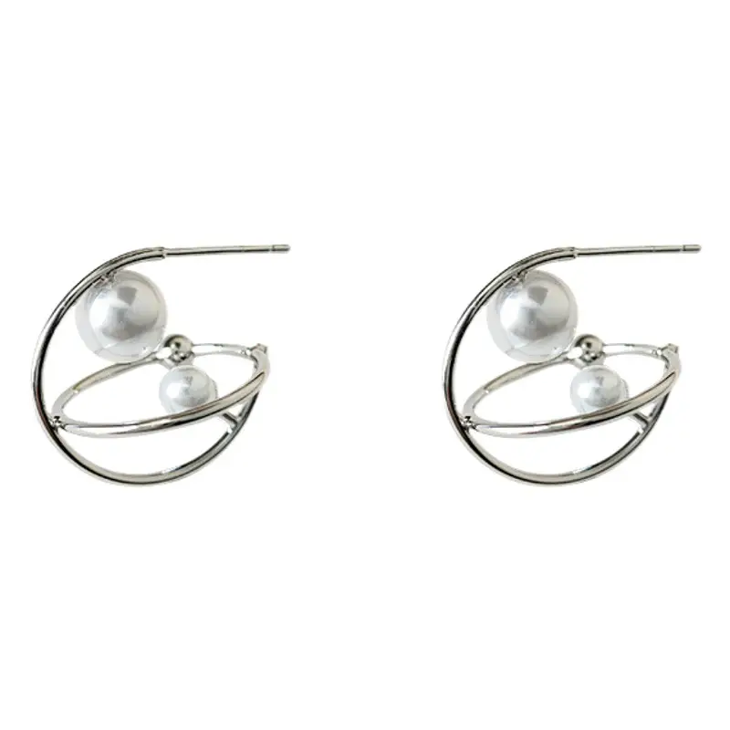 3D Geometric Pearl Earrings 925 Silver Needle Style