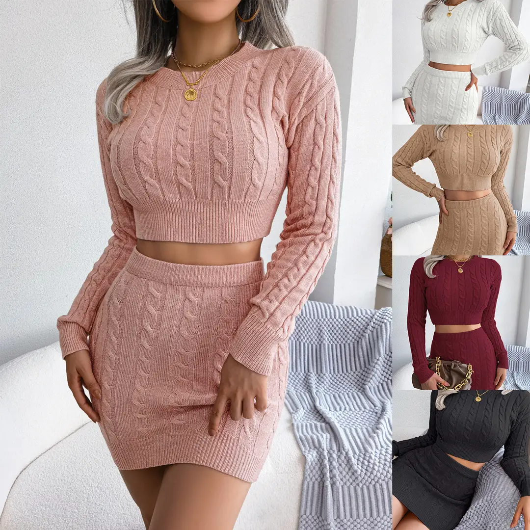 2026 Autumn/Winter European and American Casual Cable Knit Crop Sweater and Bodycon Skirt Knit Set Amazon Cross-Border Women's Clothing