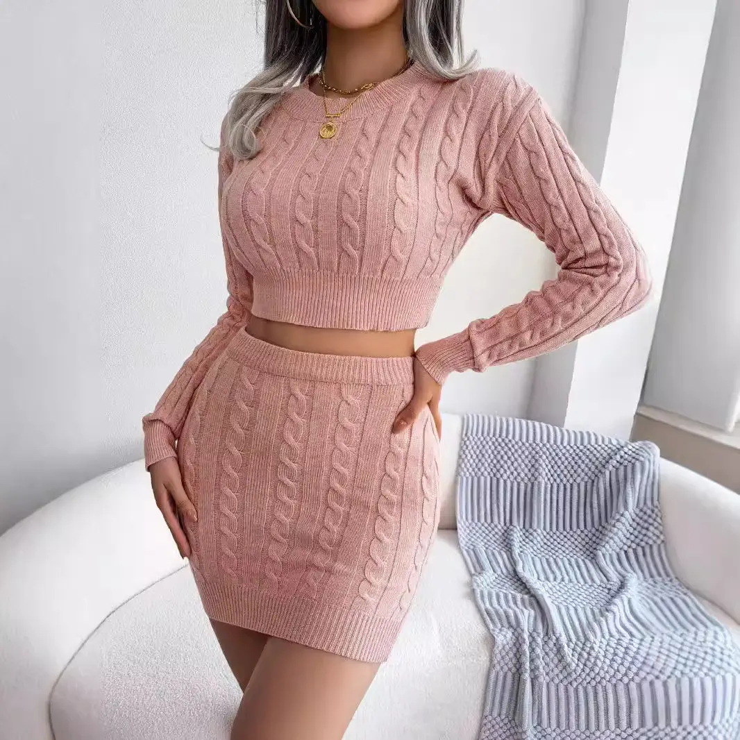 2026 Autumn/Winter European and American Casual Cable Knit Crop Sweater and Bodycon Skirt Knit Set Amazon Cross-Border Women's Clothing