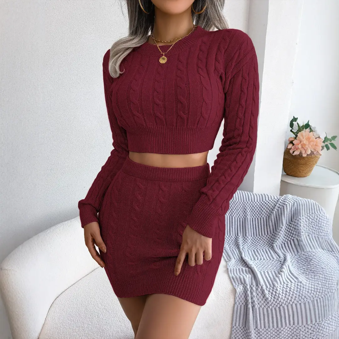 2026 Autumn/Winter European and American Casual Cable Knit Crop Sweater and Bodycon Skirt Knit Set Amazon Cross-Border Women's Clothing