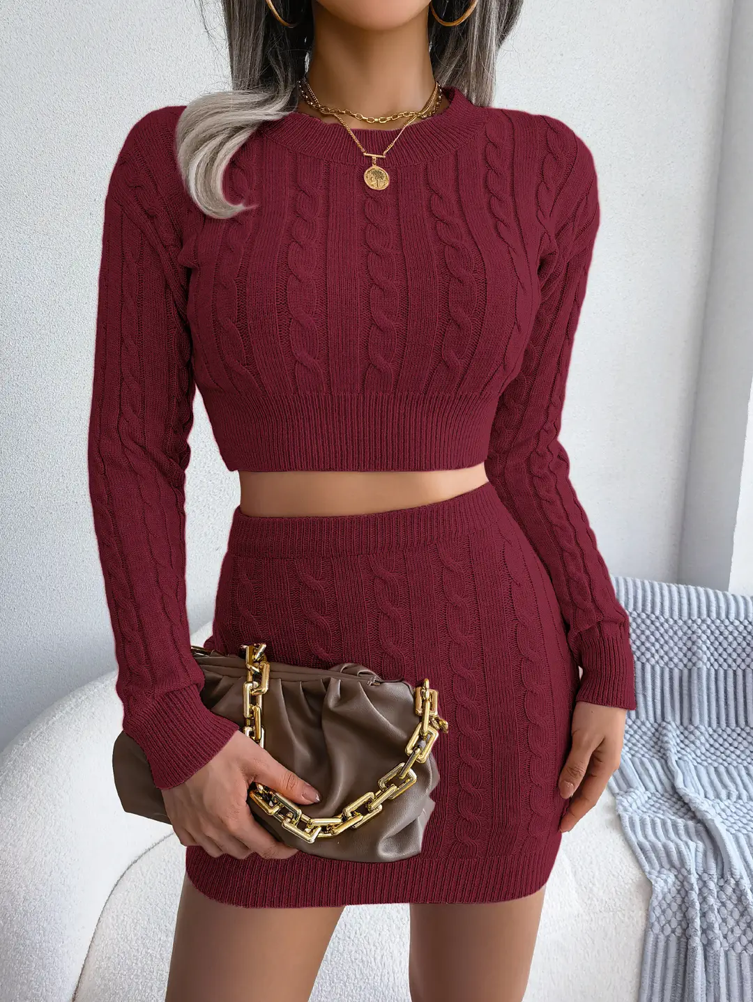 2026 Autumn/Winter European and American Casual Cable Knit Crop Sweater and Bodycon Skirt Knit Set Amazon Cross-Border Women's Clothing — feature 25