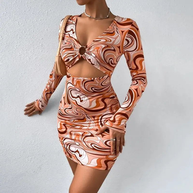 2025 Pink Printed Long Sleeve V-Neck Bodycon Dress - Image 7