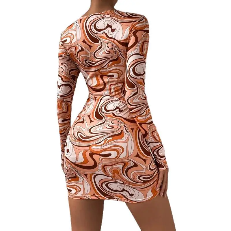 2025 Pink Printed Long Sleeve V-Neck Bodycon Dress - Image 8