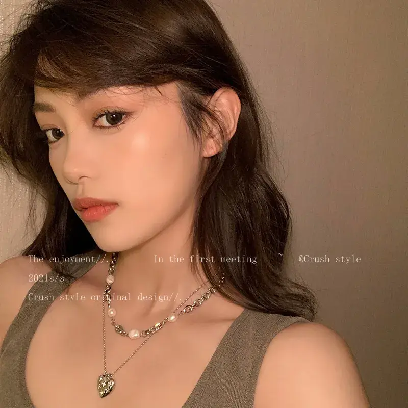 French Pearl Love Double Layer Necklace Women Sweet Cool Style