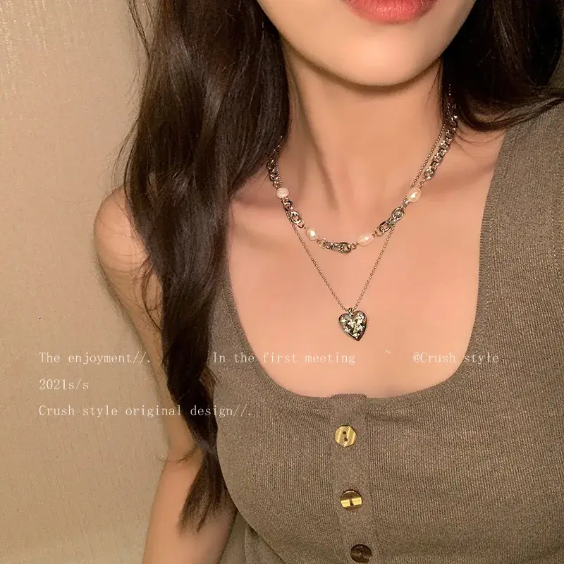 French Pearl Love Double Layer Necklace Women Sweet Cool Style