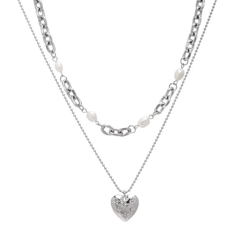French Pearl Love Double Layer Necklace Women Sweet Cool Style