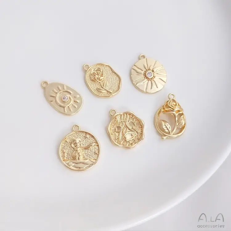 14K Gold Rose Cherry Blossom Sun Prince Round Pendant — feature 5