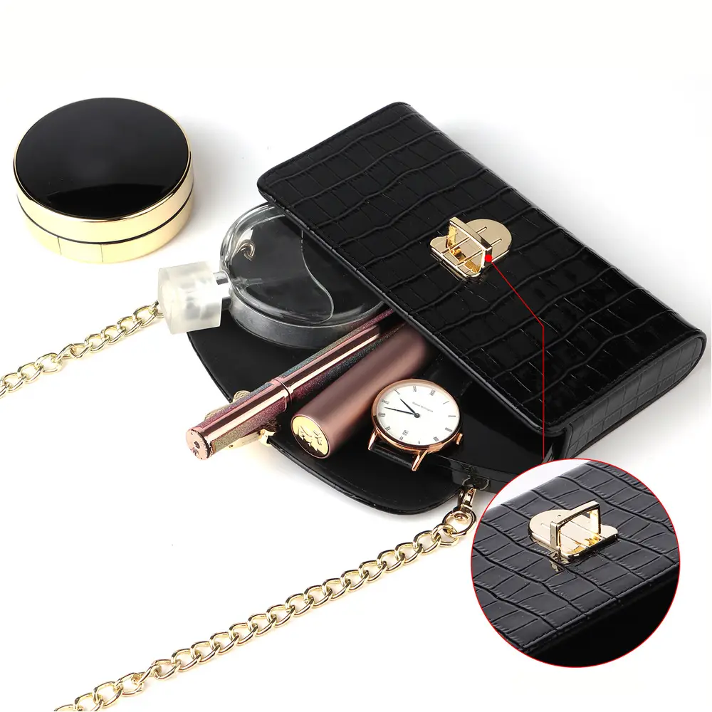 Black Croc Leather Chain Shoulder Bag for Women - Image 7