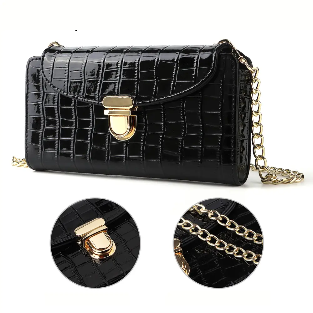 Black Croc Leather Chain Shoulder Bag for Women - Image 9