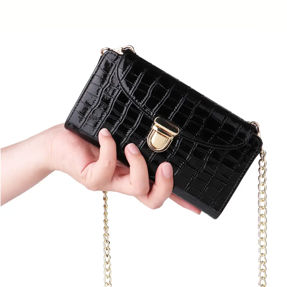 Black Croc Leather Chain Shoulder Bag for Women - Image 10