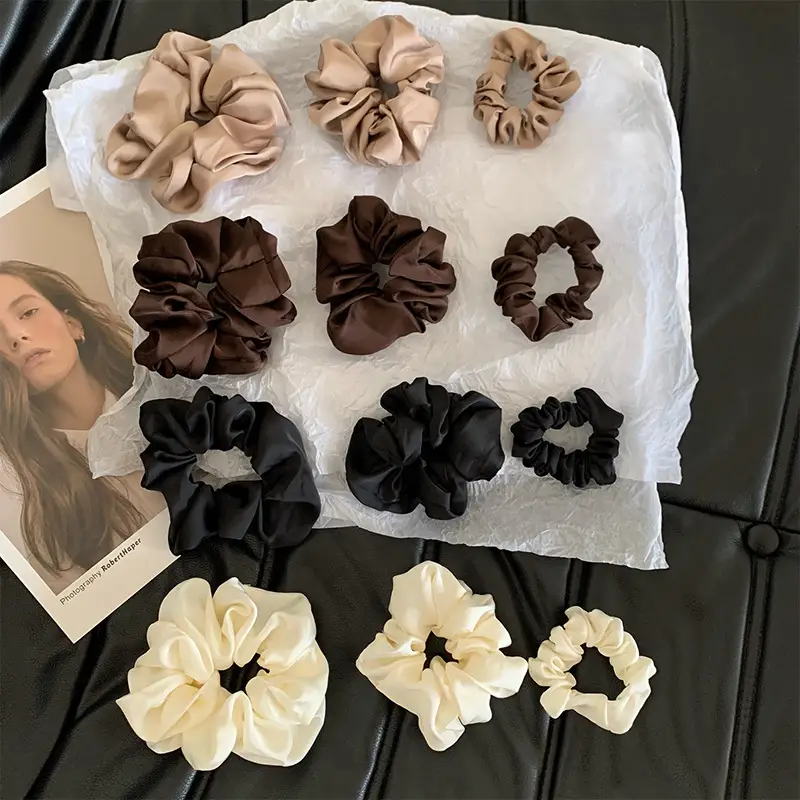 4 Color Hair Scrunchies Silky Satin Autumn Winter Brown