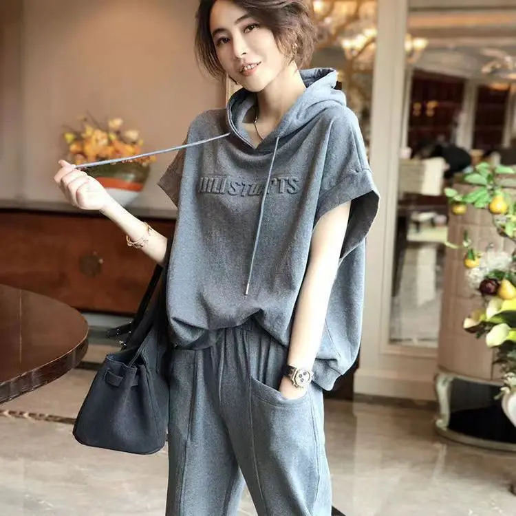 Women Hooded Sweatshirt Set Grey 2025 Summer Loose Fit - Image 4