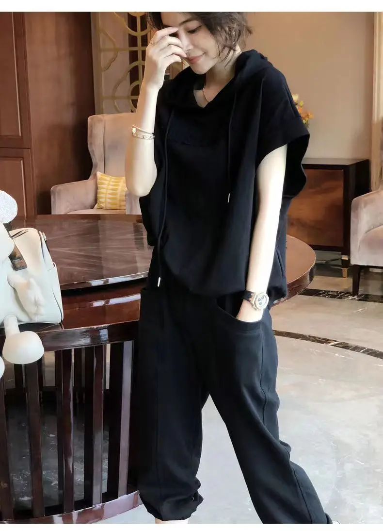 Women Hooded Sweatshirt Set Grey 2025 Summer Loose Fit — feature 7