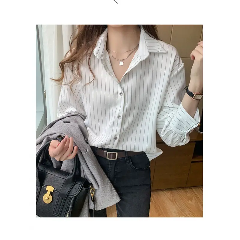 Spring Women White Striped Shirt Layered Lining Retro Hong Kong Style - Image 4