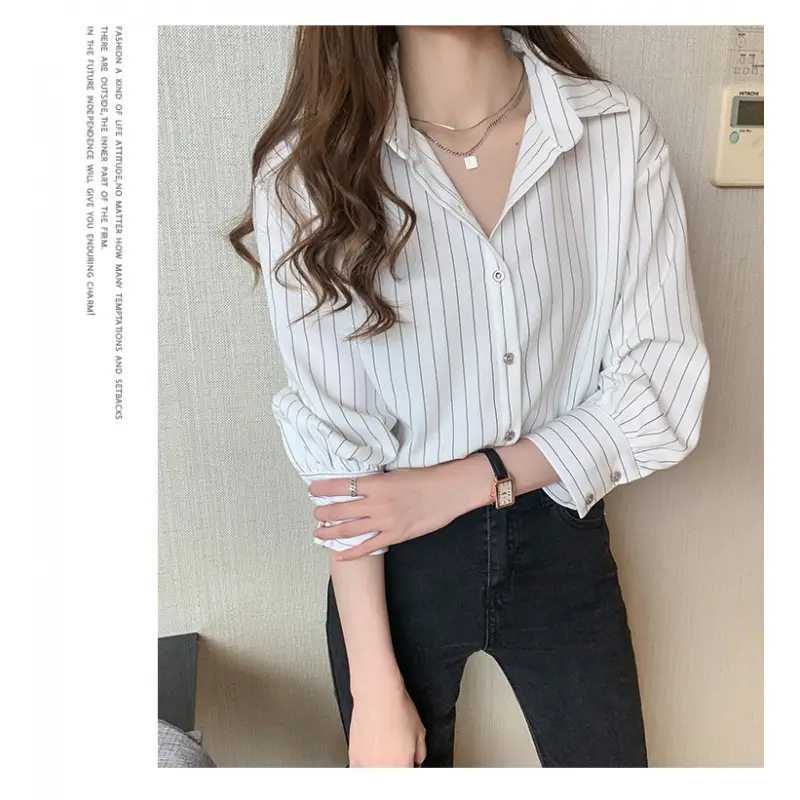 Spring Women White Striped Shirt Layered Lining Retro Hong Kong Style - Image 5