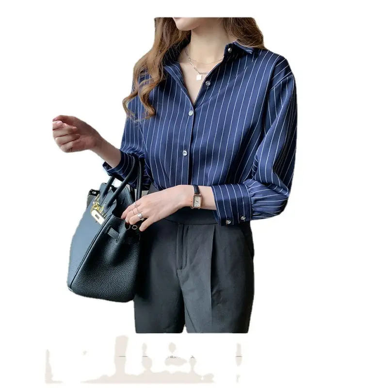 Spring Women White Striped Shirt Layered Lining Retro Hong Kong Style - Image 6
