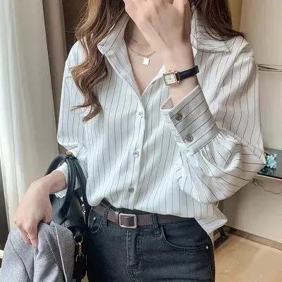 Spring Women White Striped Shirt Layered Lining Retro Hong Kong Style — feature 8