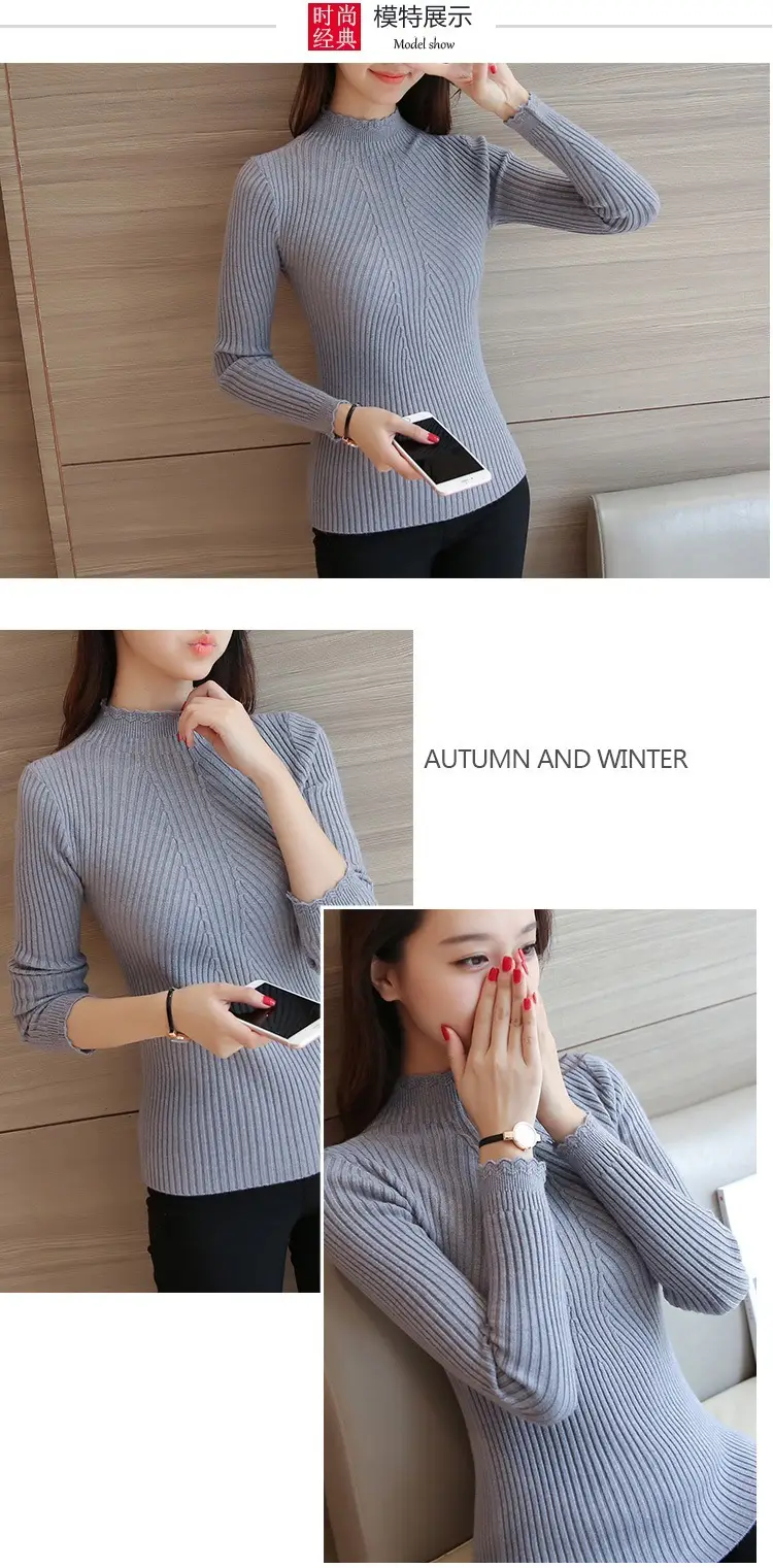 Women's Long-sleeved Knitted Lace Half-Turtleneck Sweater — feature 3