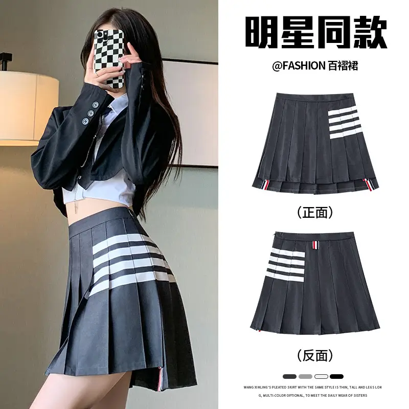 Cyndi Wang Pleated Skirt Grey Four Stripes Slimming - Image 21