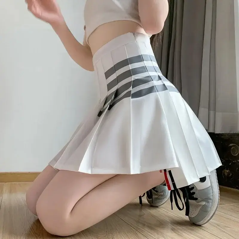 Cyndi Wang Pleated Skirt Grey Four Stripes Slimming - Image 6