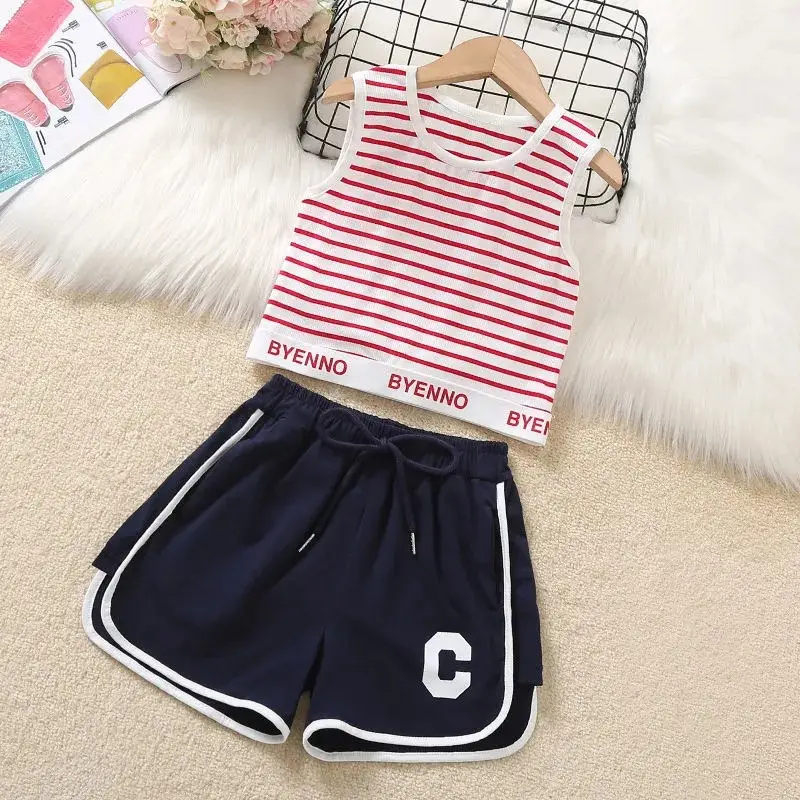 Girls Striped Vest & Shorts Set Summer Casual White Black