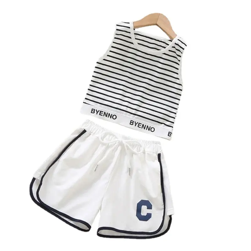 Girls Striped Vest & Shorts Set Summer Casual White Black