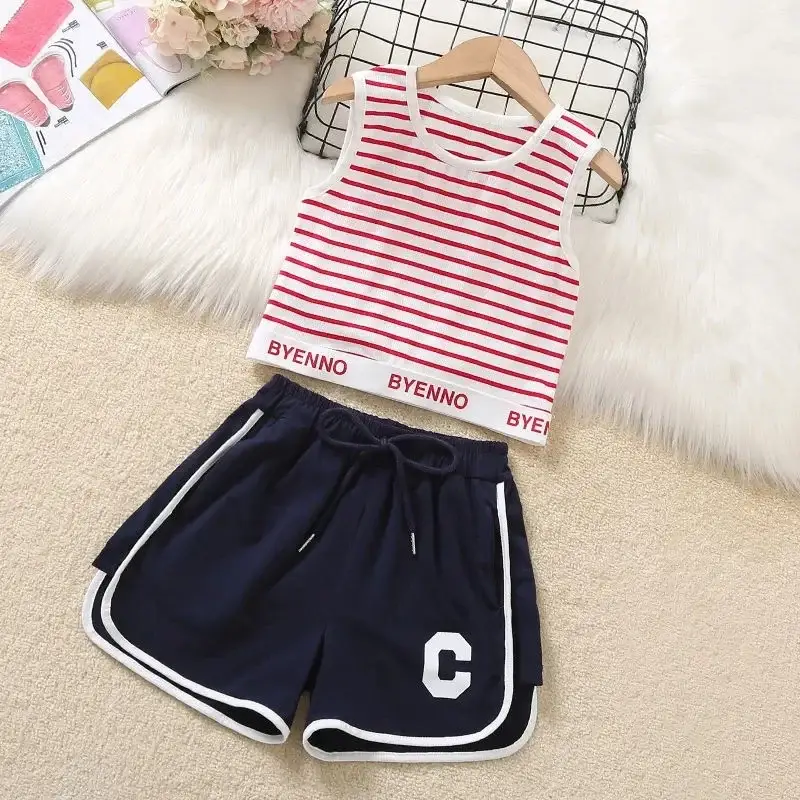 Girls Striped Vest & Shorts Set Summer Casual White Black