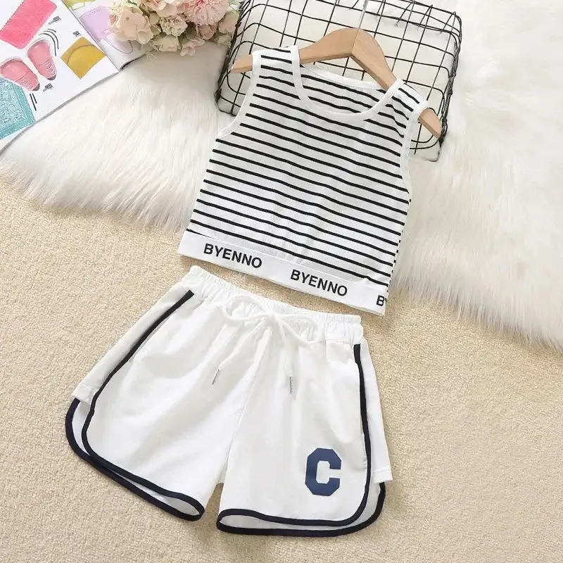 Girls Striped Vest & Shorts Set Summer Casual White Black