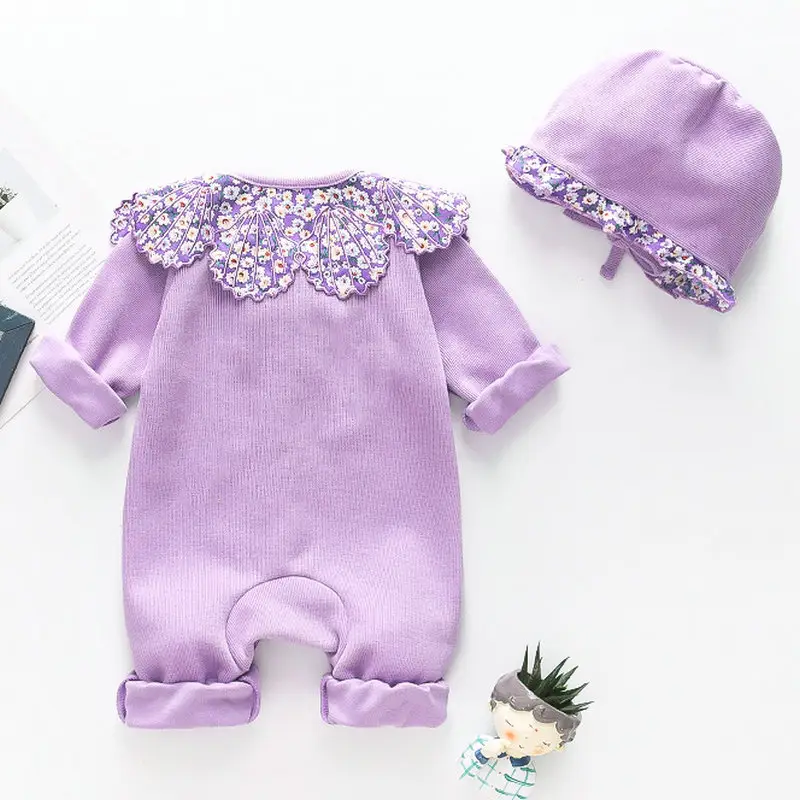 Purple Floral Baby Onesie with Hat Set - Image 3