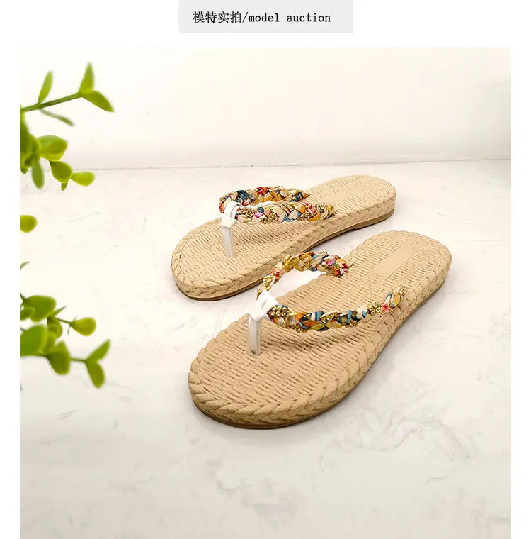 Ethnic-style Flip-flops with Diamond for Women's Outdoor Wear Summer Imitation Straw Fashionable Trendy Outdoor Vacation Seaside Flat Non-slip Slippers — feature 10